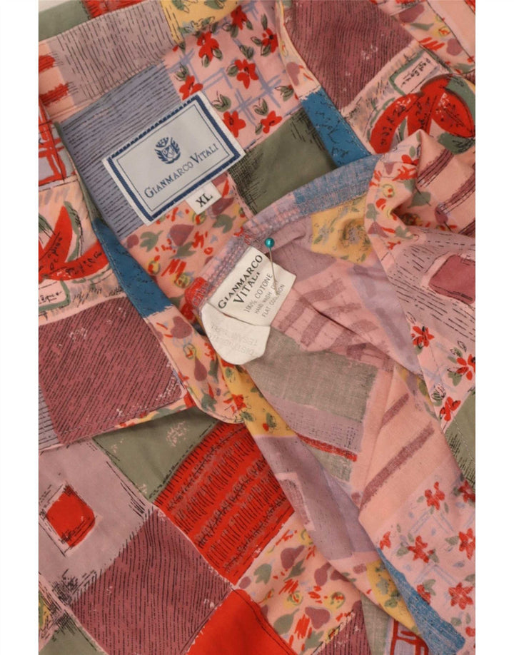 Vintage męska koszula z krótkim rękawem XL, wielobarwna, patchworkowa bawełna