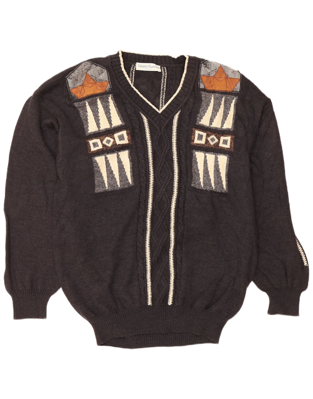 UMBERTO BILANCIONI Męski sweter z dekoltem w kształcie litery V 2XL Szary, geometryczny wełniany