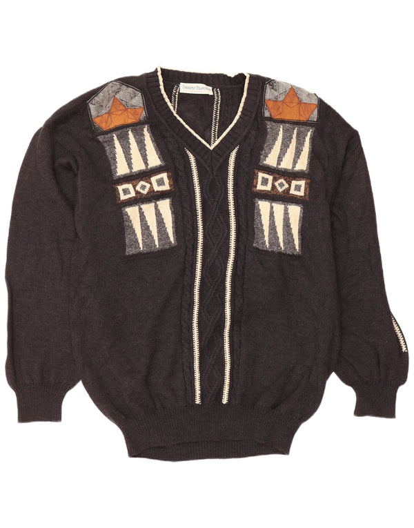 UMBERTO BILANCIONI Męski sweter z dekoltem w kształcie litery V 2XL Szary, geometryczny wełniany