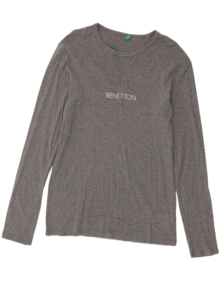 BENETTON Womens Graphic Top Long Sleeve UK 14 Large Grey Cotton