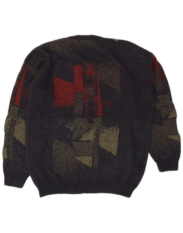Vintage męski sweter z dekoltem w kształcie litery V XL granatowy, geometryczny wełniany