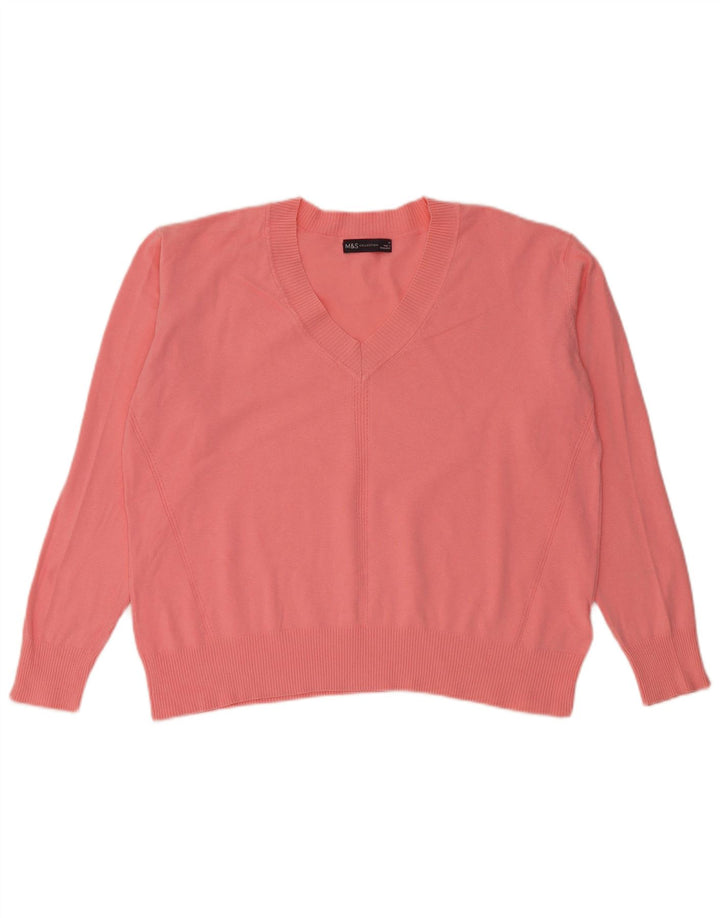 Marks & Spencer Damski sweter z dekoltem w kształcie litery V, UK 14, średni różowy, bawełniany
