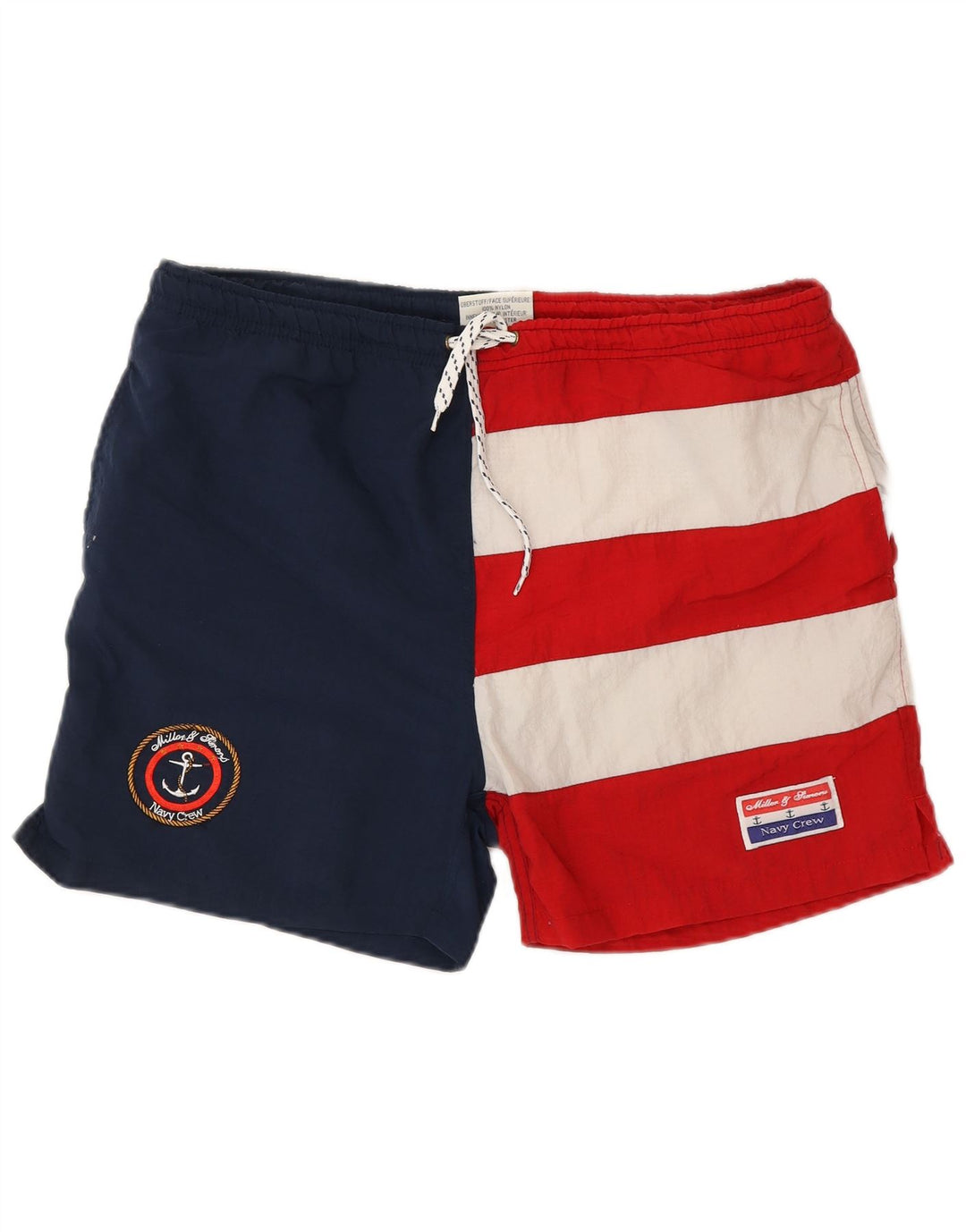 Męskie spodenki kąpielowe w stylu vintage z grafiką, średni, wielobarwny nylon z blokami kolorów