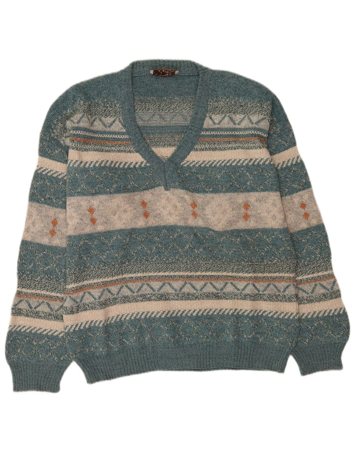 Męski sweter w stylu vintage z dekoltem w szpic, duży, niebieski, wełna Fair Isle