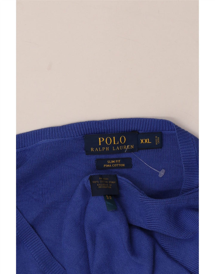 Męski sweter Polo Ralph Lauren Slim Fit z dekoltem w kształcie litery V, 2XL, niebieska bawełna