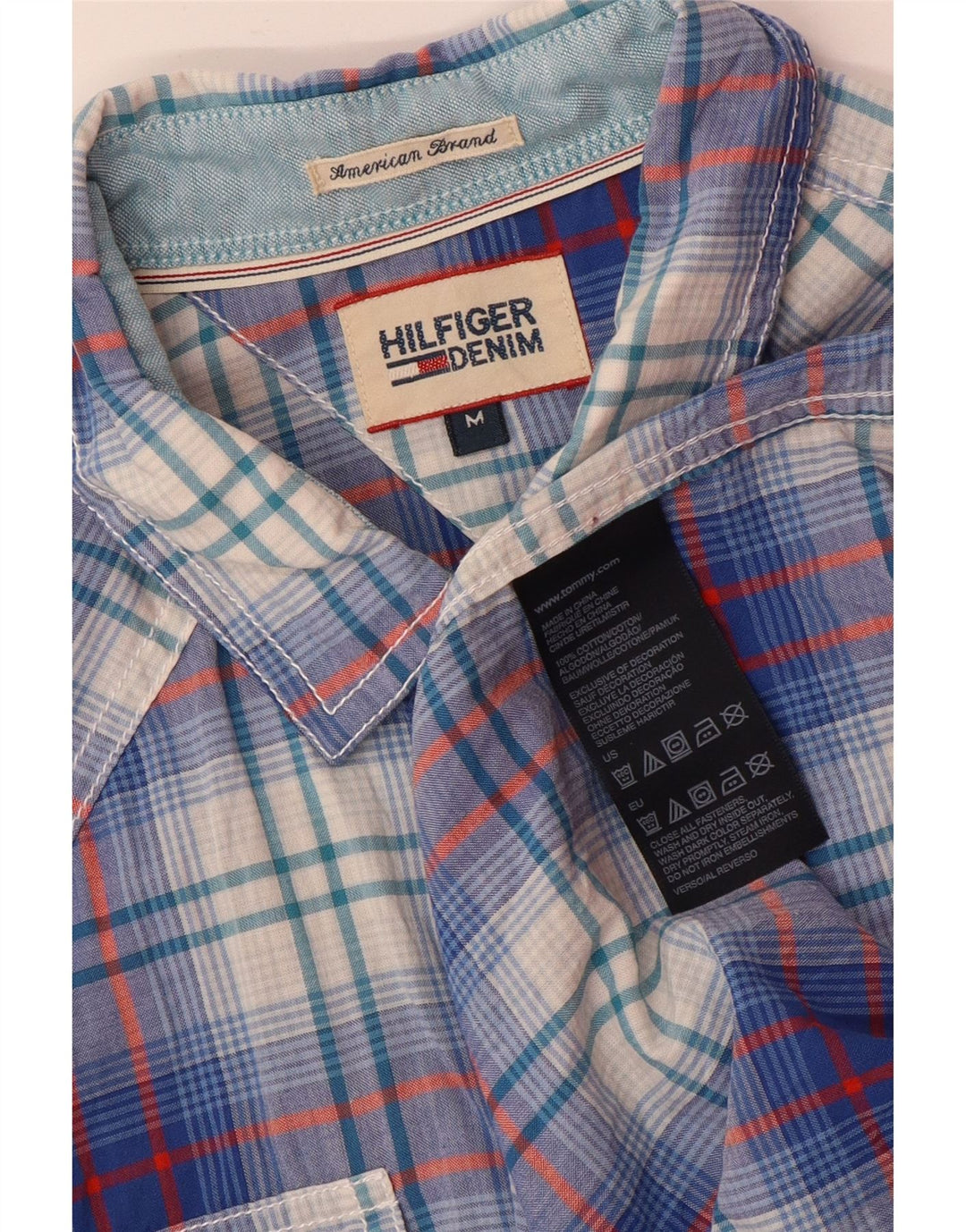 Męska koszula z krótkim rękawem Tommy Hilfiger z grafiką, bawełniana w średnią niebieską kratkę