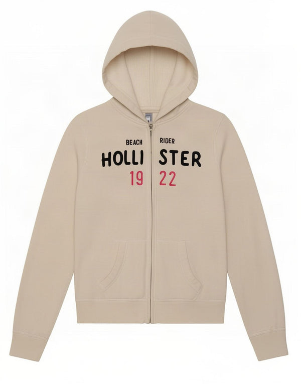 Damski sweter z kapturem i zamkiem błyskawicznym Hollister UK 12, średni, biały, bawełniany
