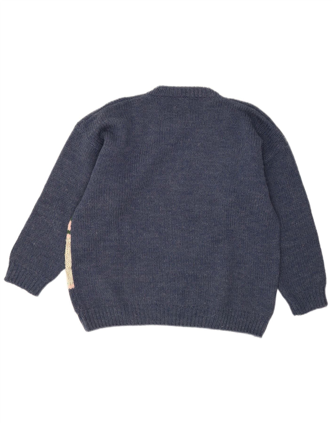 Vintage męski sweter z graficznym wycięciem pod szyją, duży granatowy wełniany
