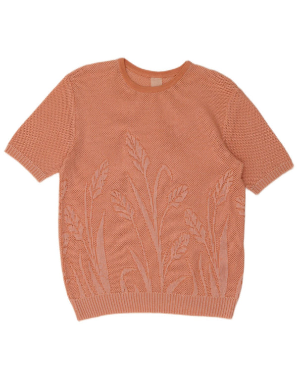 Vintage damski sweter z graficznym dekoltem w łódkę UK 14, duży, różowy, kwiatowy