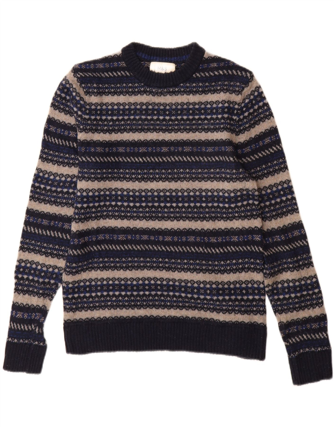 Marks & Spencer Męski sweter z okrągłym dekoltem i małymi granatowymi paskami