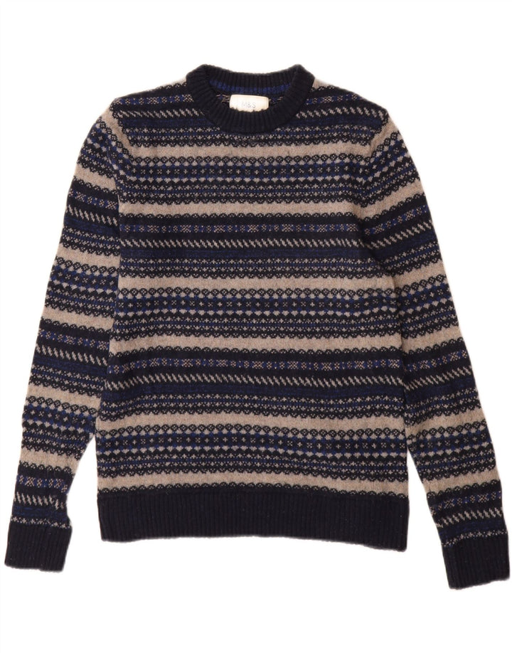 Marks & Spencer Męski sweter z okrągłym dekoltem i małymi granatowymi paskami