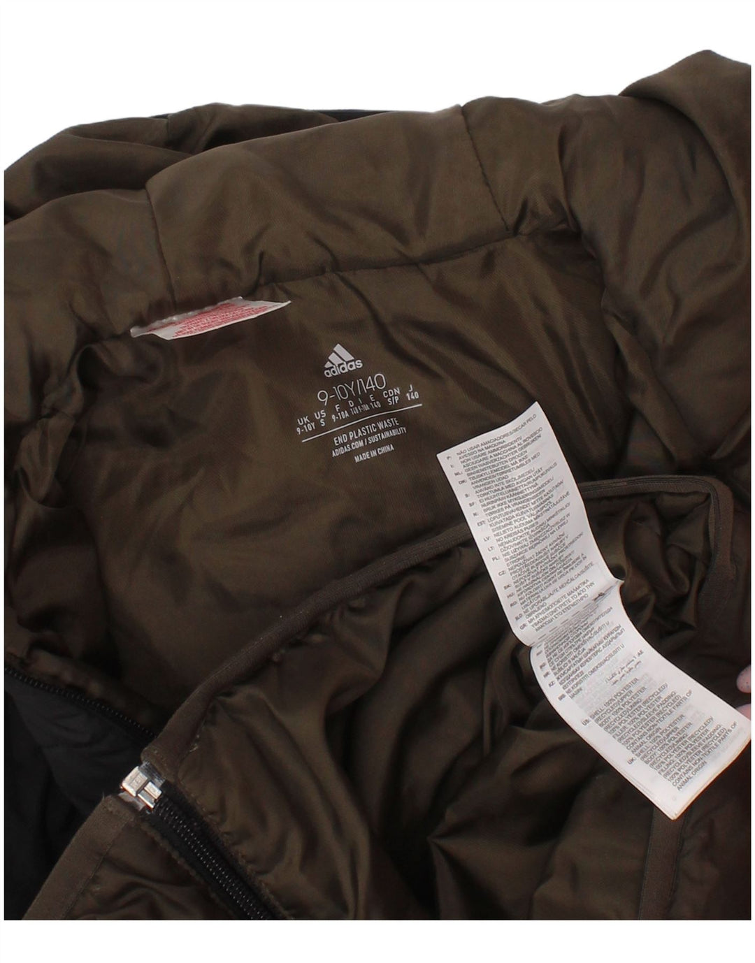 Chłopięca wyściełana kurtka z kapturem Adidas 9-10 lat Khaki, poliester z blokami kolorów