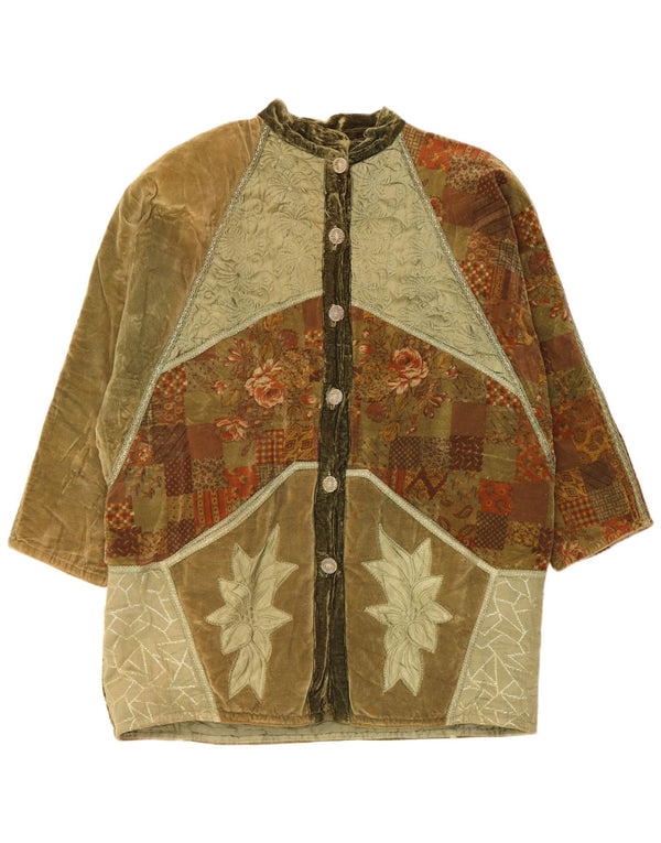 Vintage damski aksamitny, luźny płaszcz wiatrówka UK 20 2XL zielony patchwork