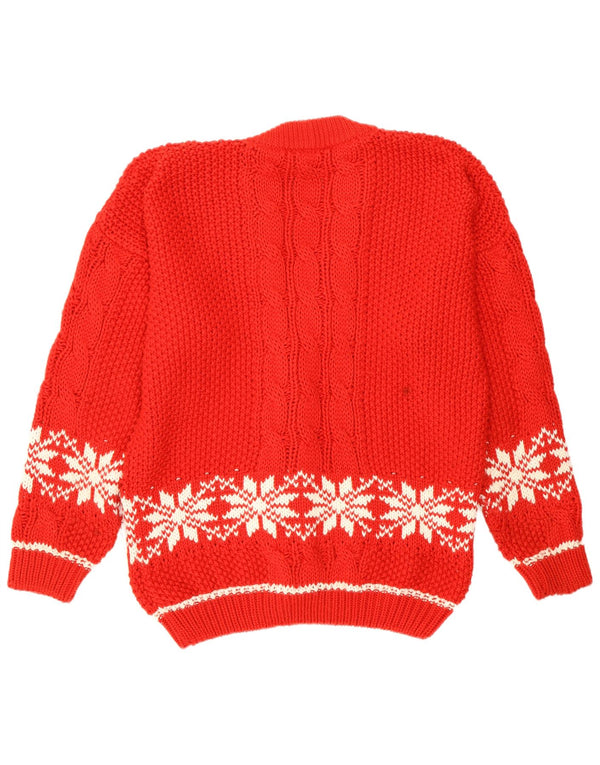 Vintage damski sweter w kształcie płatków śniegu UK 14, duży czerwony Fair Isle Retro