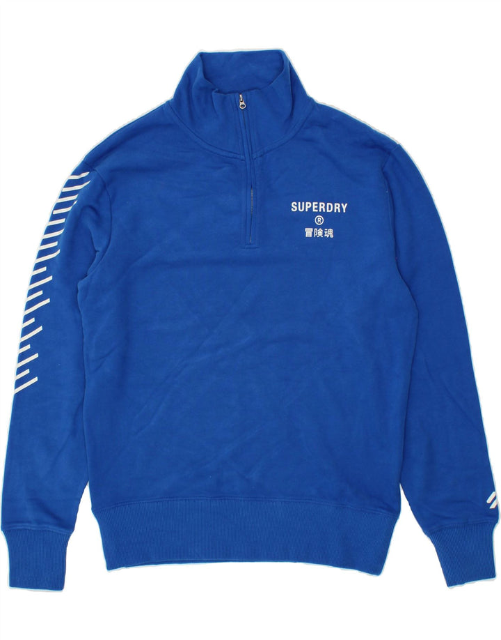 SUPERDRY Mens Graphic Zip Neck Sweatshirt Jumper Small Blue Cotton Vintage Superdry and Second-Hand Superdry from Messina Hembry 