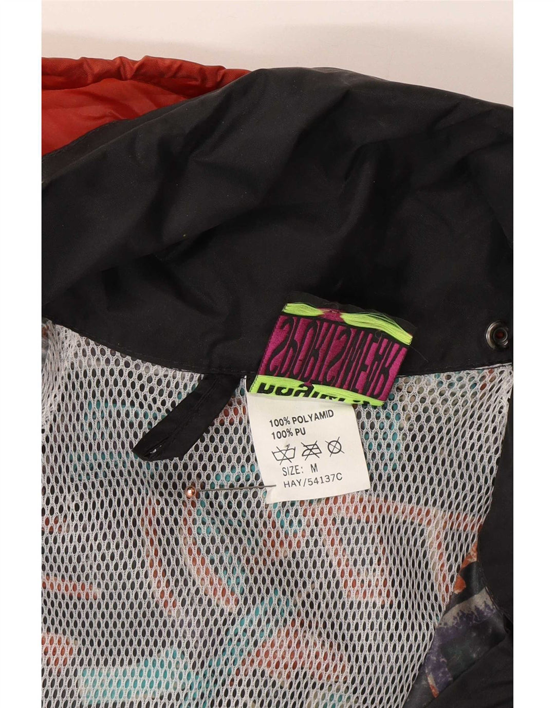 Vintage męska kurtka przeciwdeszczowa z kapturem Anorak UK 38, średnia czarna geometryczna