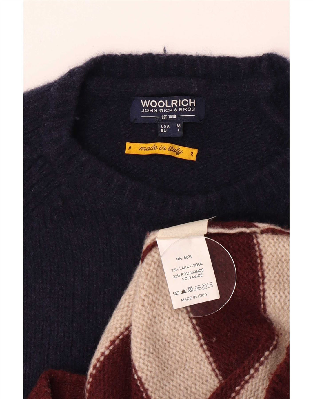 Woolrich Męski sweter z okrągłym dekoltem, wełniany, w średnim kolorze granatowym w paski