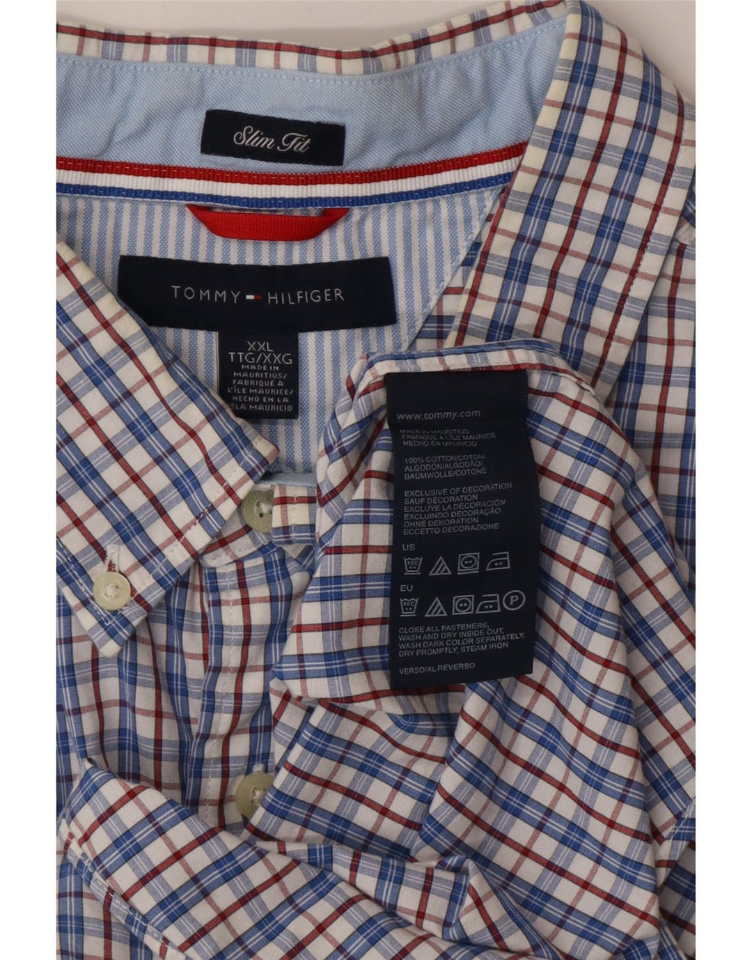 Męska koszula slim fit z krótkim rękawem TOMMY HILFIGER, bawełniana niebieska kratka 2XL