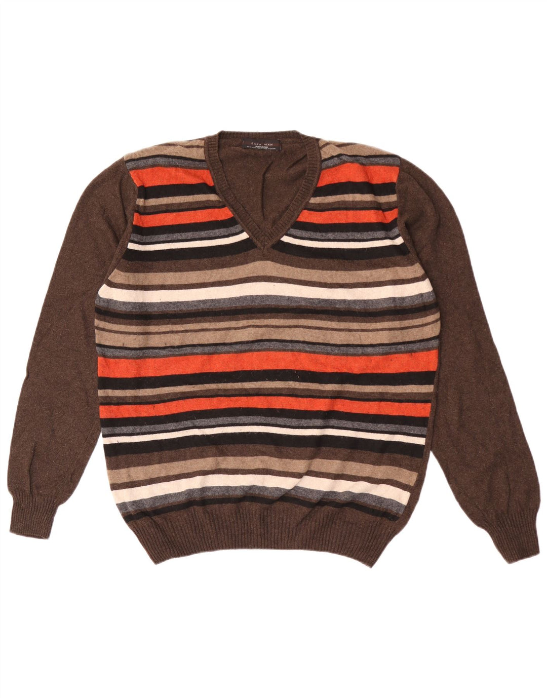Męski sweter Zara z dekoltem w kształcie litery V, duże, brązowe, wiskozowe paski