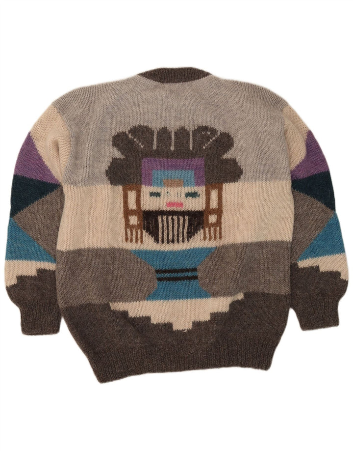 Męski sweter w stylu vintage z graficznym wycięciem pod szyją, duży, szary, geometryczny