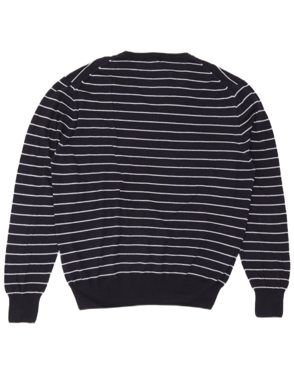 Vintage męski sweter z dekoltem w kształcie litery V, 2XL, granatowy, bawełniany w paski