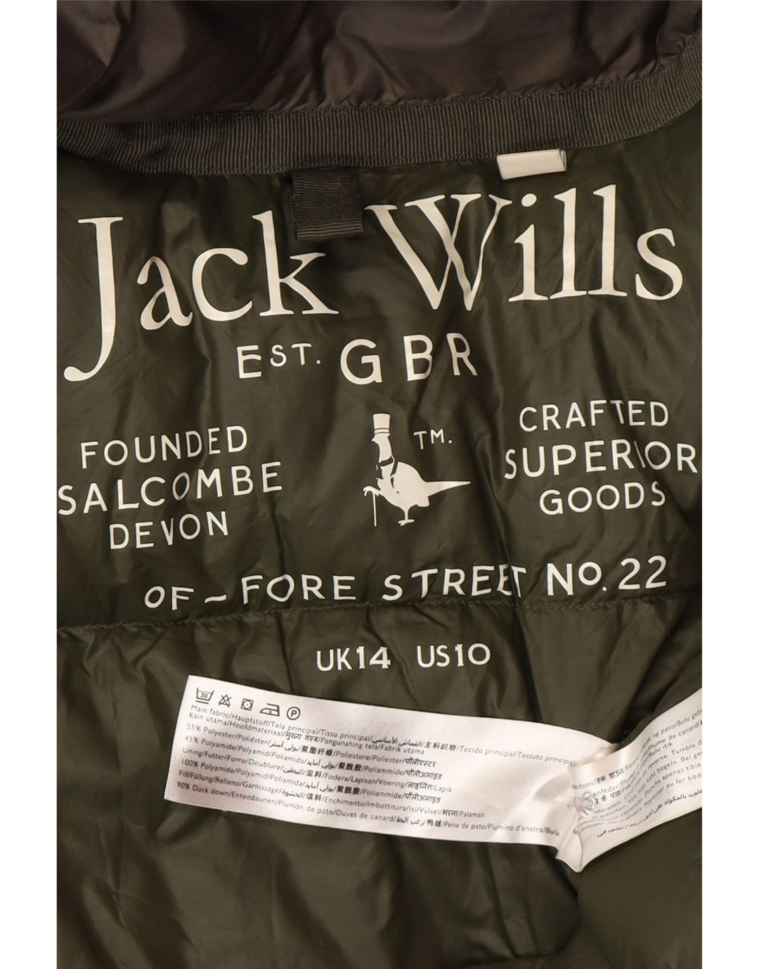 Damski ocieplany płaszcz z kapturem Jack Wills UK 14, duży, khaki, poliester