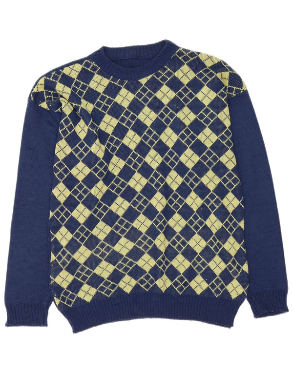 Vintage męski sweter z dekoltem w łódkę, średni granatowy Argyle/diament