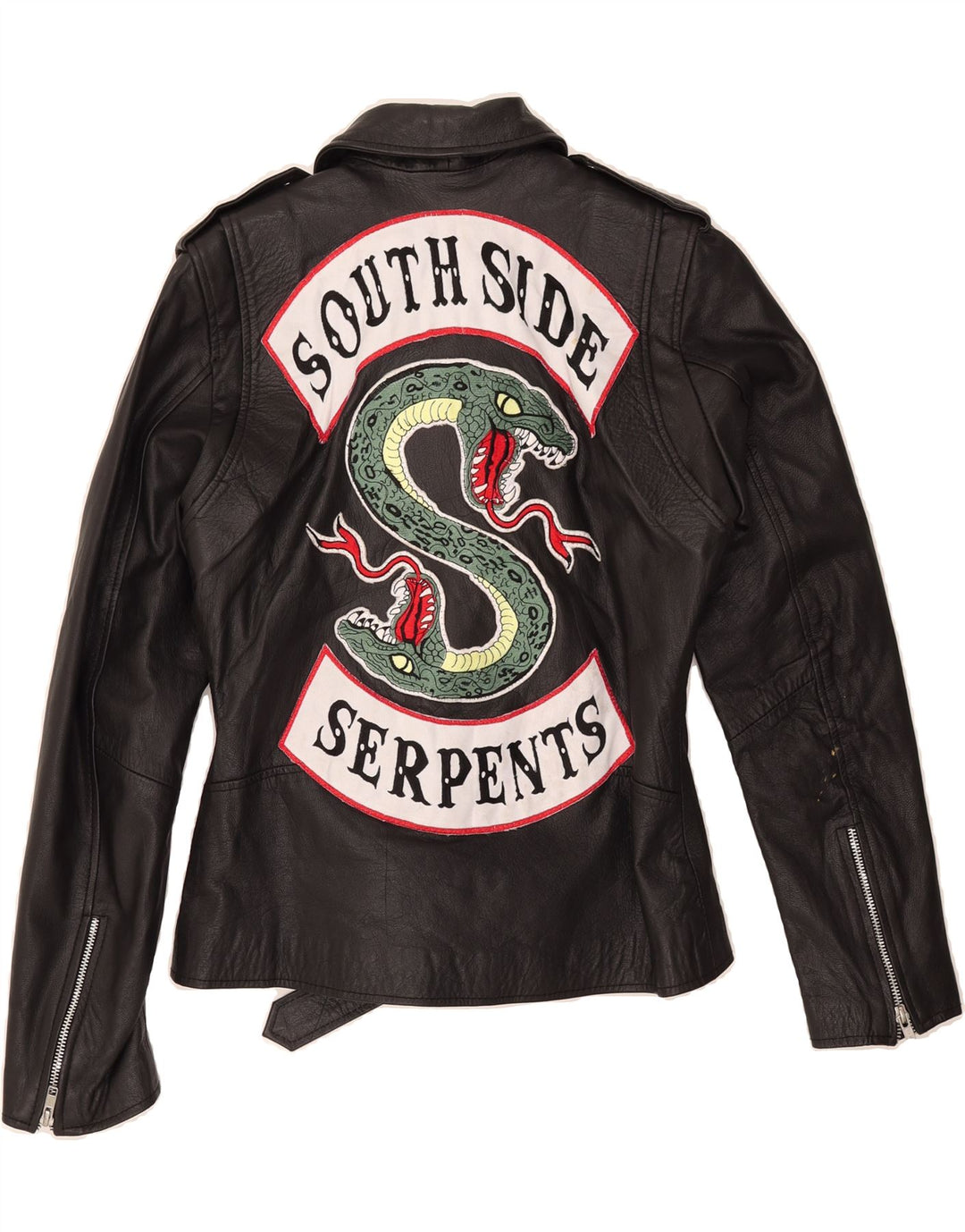 SOUTH SIDE SERPENTS Womens Graphic Leather Biker Jacket UK 12 Medium Black Vintage South Side Serpents and Second-Hand South Side Serpents from Messina Hembry 