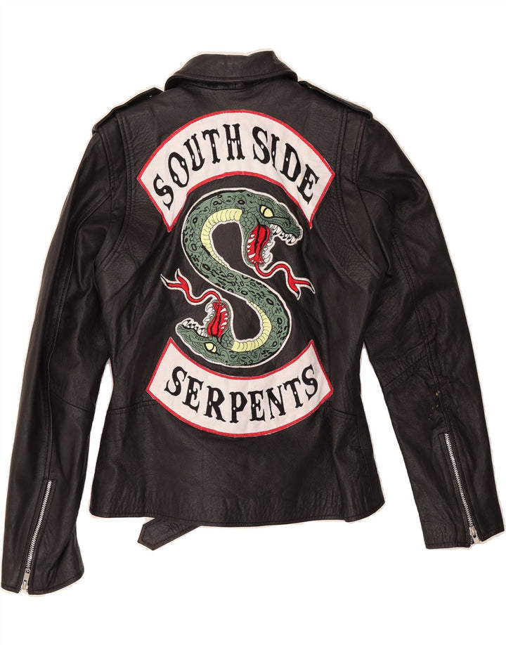 SOUTH SIDE SERPENTS Womens Graphic Leather Biker Jacket UK 12 Medium Black Vintage South Side Serpents and Second-Hand South Side Serpents from Messina Hembry 
