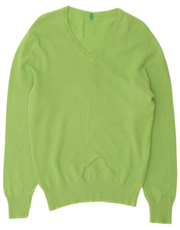 Sweter damski Benetton z dekoltem w kształcie litery V, UK 14, średnia zielona wełna
