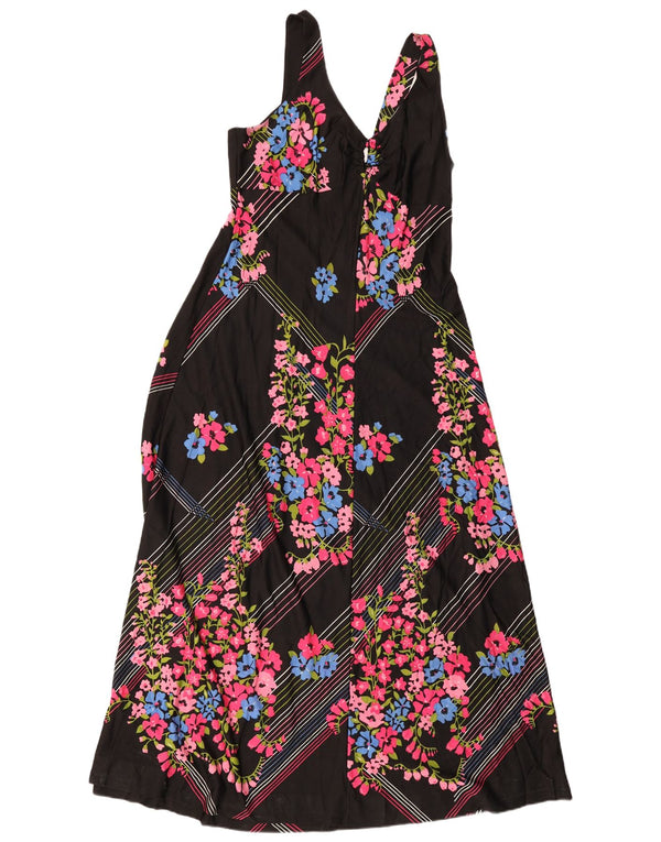 Vintage damska sukienka maxi bez rękawów UK 12, średnia czarna w kwiaty