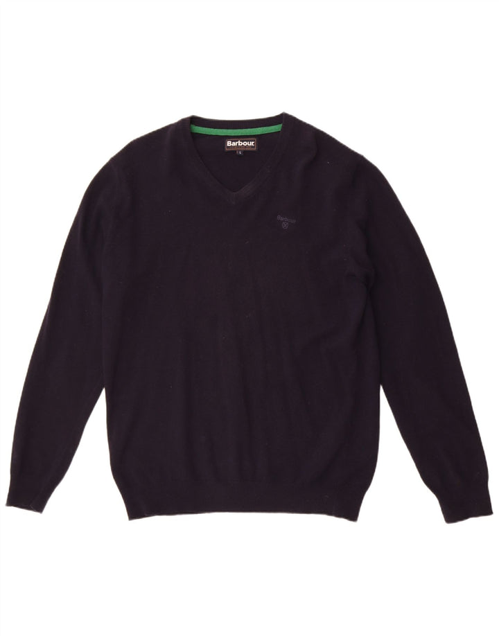 Męski sweter Barbour z dekoltem w kształcie litery V, duży, granatowy, wełniany