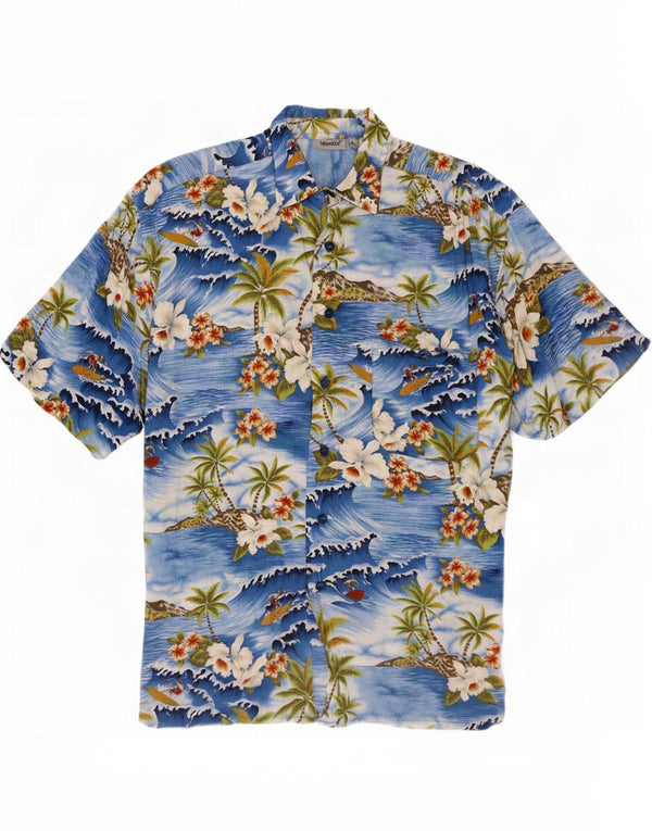 Identic Mens Short Sleeve Shirt Size 41/42 Large Blue Floral Hawaiian