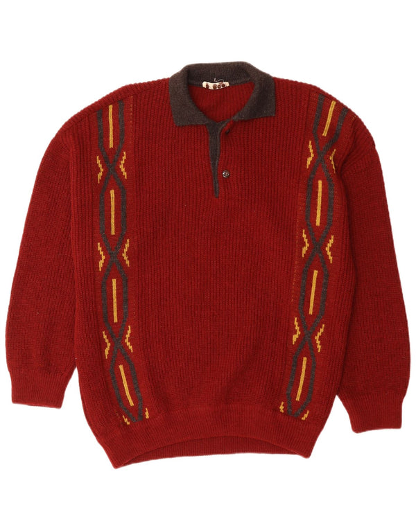 Męski sweter polo VINTAGE, duży, czerwony, geometryczny