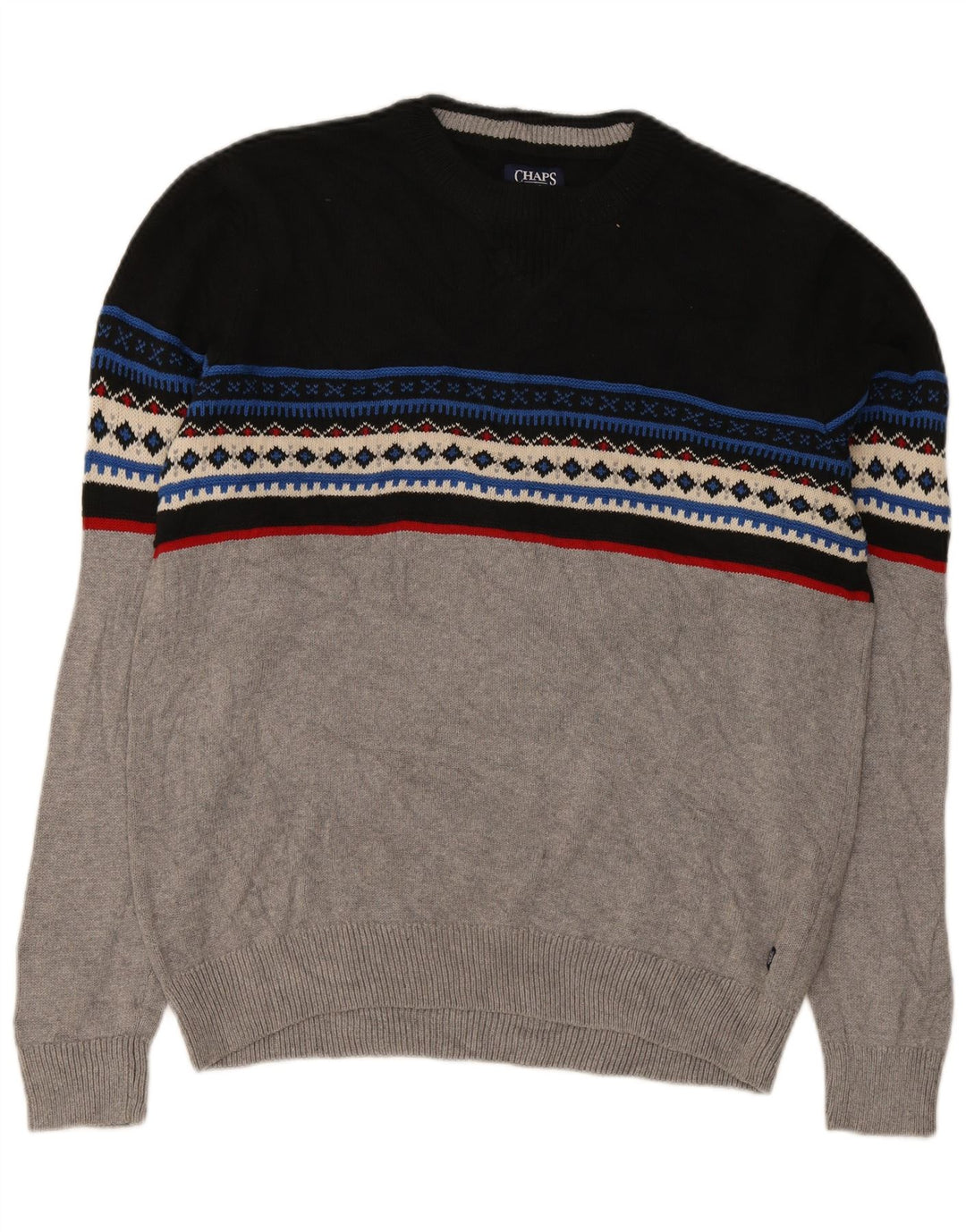 Męski sweter z wycięciem pod szyją Chaps, duży, szary, bawełniany Fair Isle