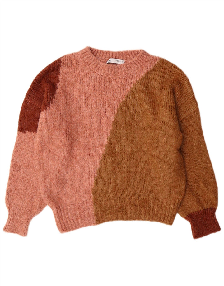 Damski sweter ZARA z okrągłym dekoltem UK 14, średni różowy, akryl z blokami kolorów