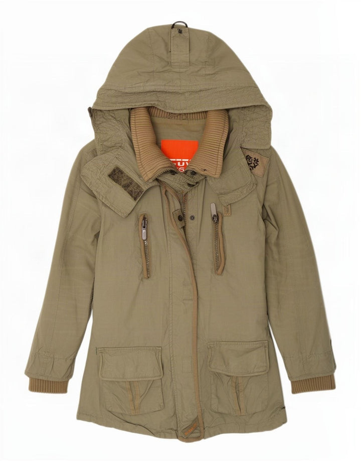 Damska kurtka parka z kapturem Superdry UK 12, średnia bawełna khaki