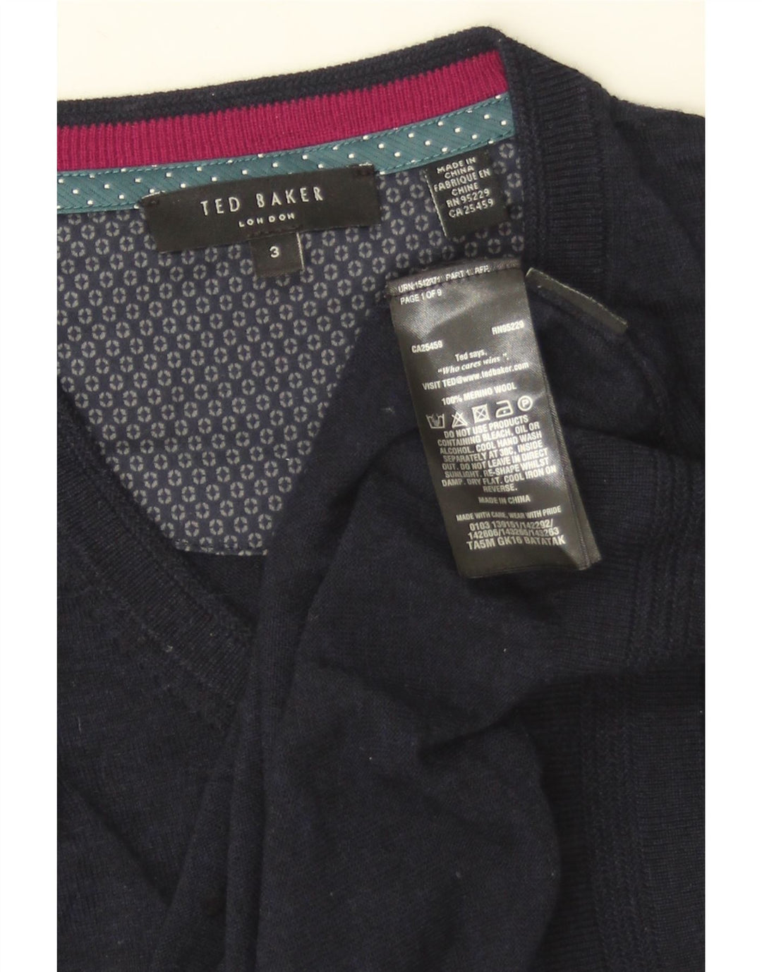 TED BAKER Męski sweter z dekoltem w kształcie litery V, rozmiar 3, średni granatowy, wełna merynosów