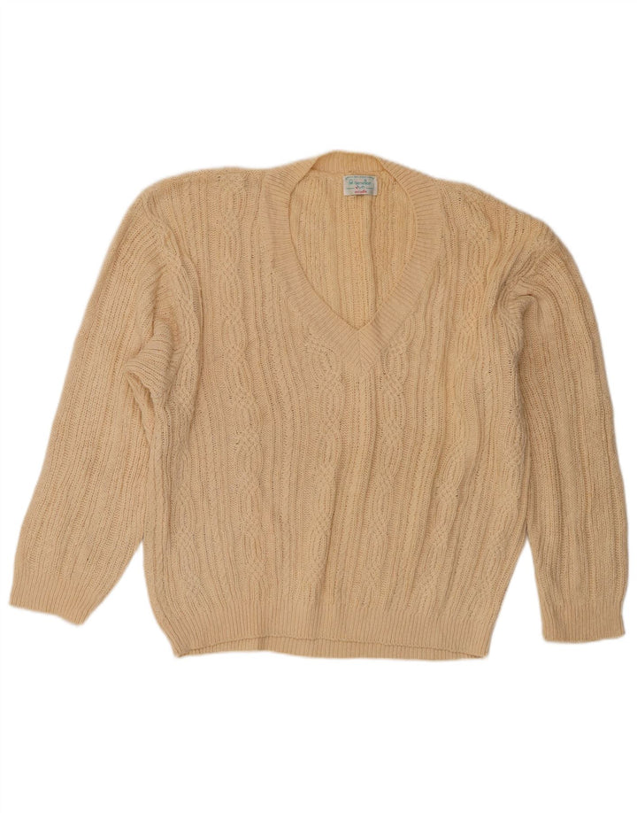 Damski sweter z dekoltem w kształcie litery V, Benetton IT 48 XL, beżowy, bawełniany