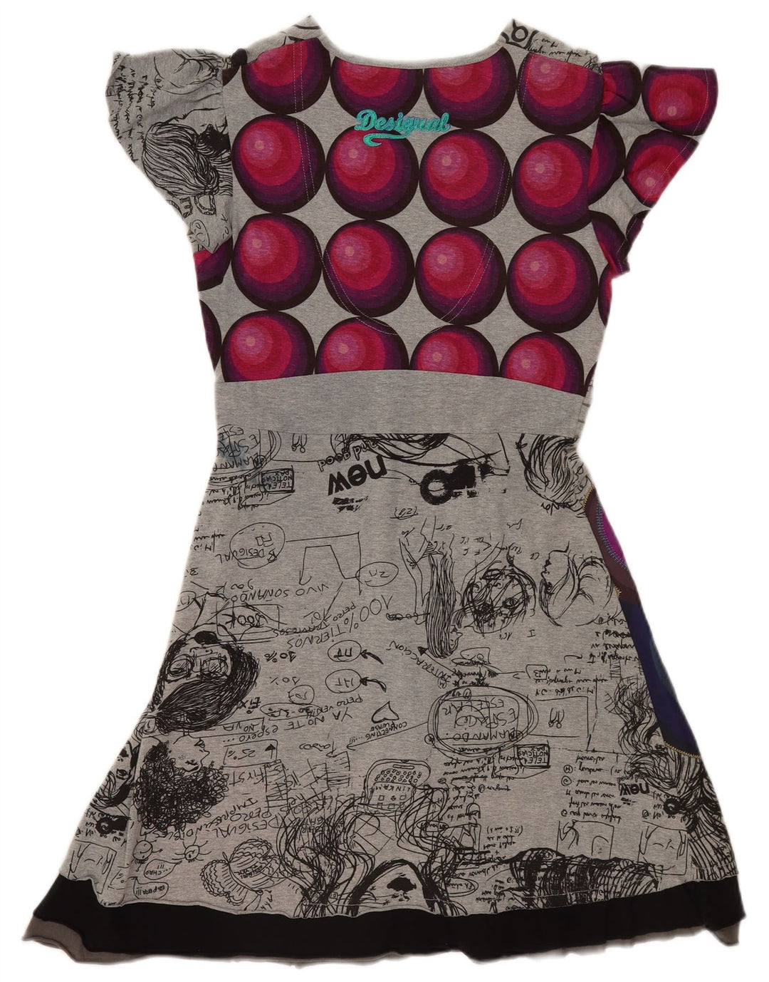 Damska graficzna sukienka o linii A Desigual UK 14, duża, szara patchworkowa