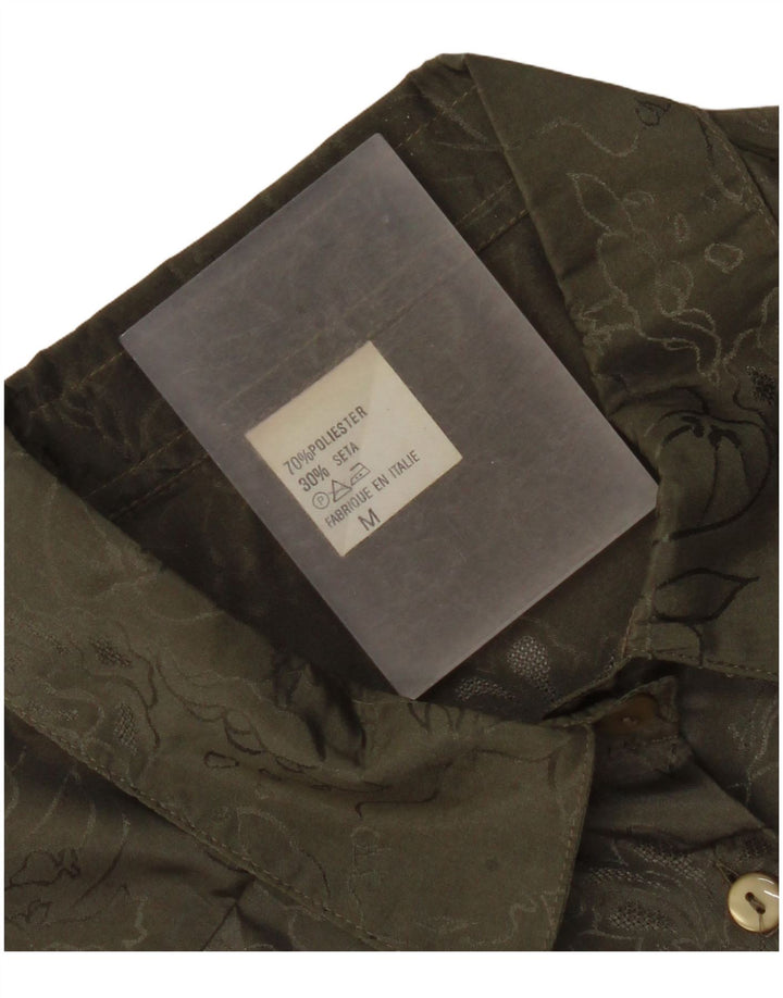 Damska bluzka koszulowa w stylu vintage UK 14, średni khaki, kwiatowy poliester