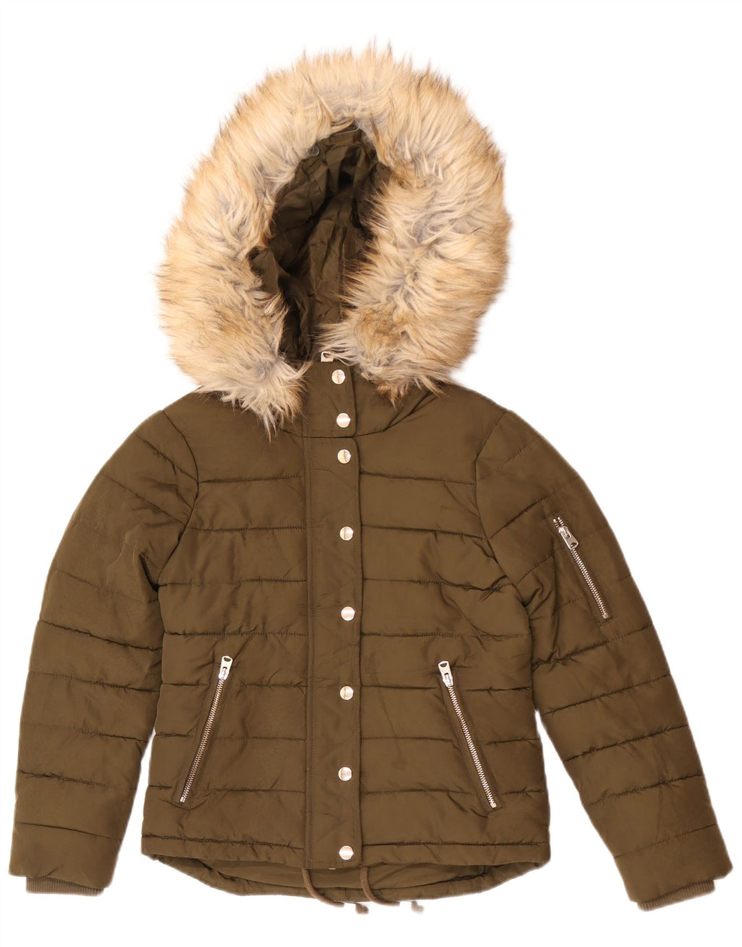 Damska kurtka z kapturem, oversize, wyściełana Topshop, UK 4 XS, khaki, poliester