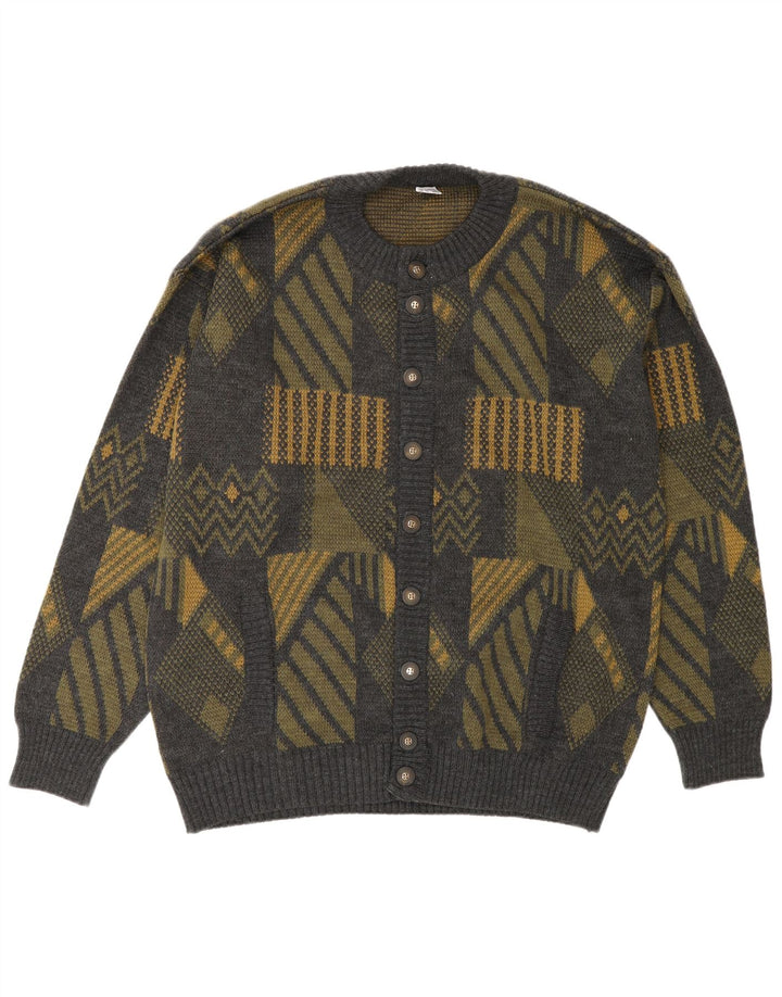 Vintage męski sweter rozpinany, duży, szary, geometryczny poliakryl