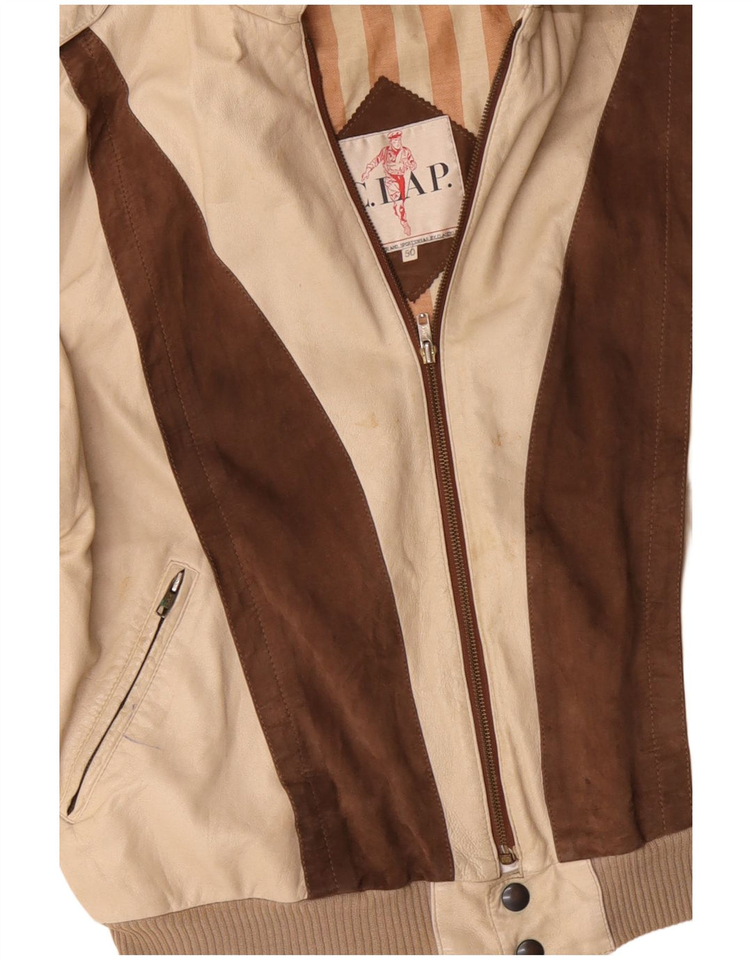 Męska kurtka wojskowa skórzana VINTAGE IT 50 w dużym beżowym kolorze