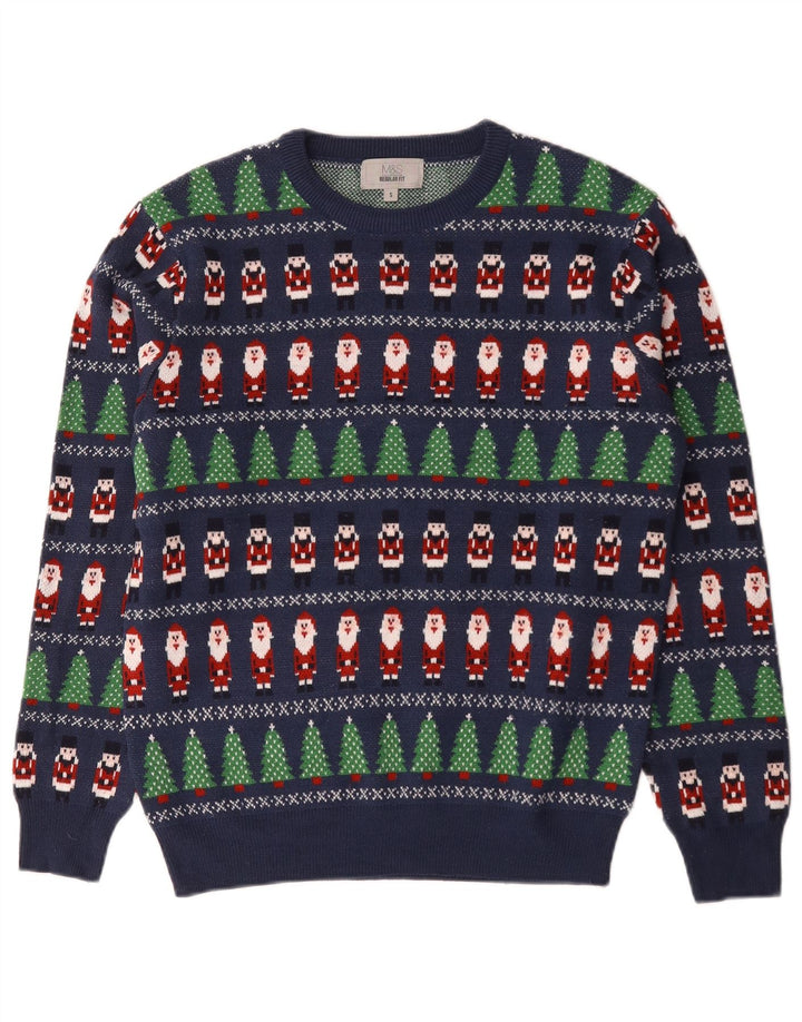 Marks & Spencer Męski sweter z okrągłym dekoltem, mały, niebieski, geometryczny