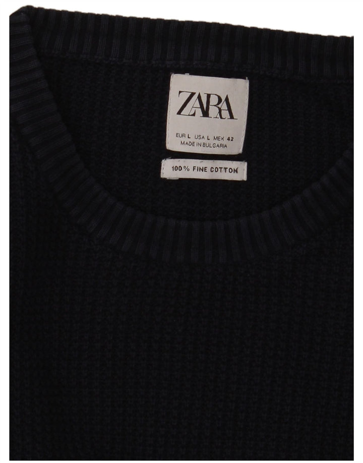 Męski sweter z okrągłym dekoltem Zara, duży, granatowy, bawełniany