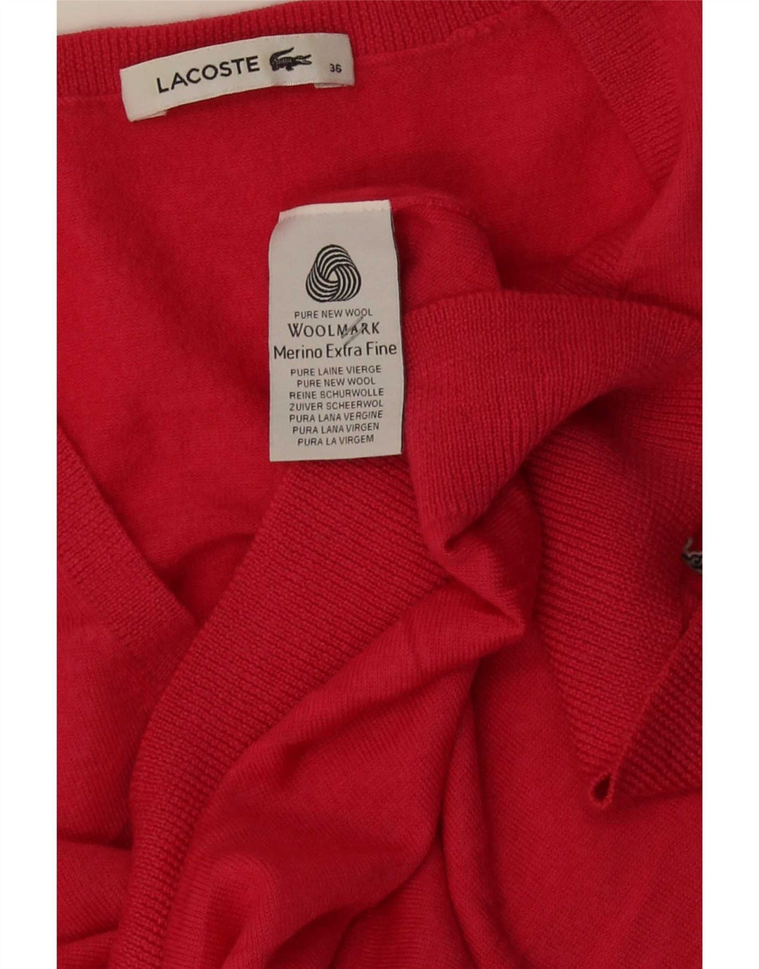 Lacoste Damski sweter z dekoltem w kształcie litery V, rozmiar 36, mała, czerwona wełna merynosów