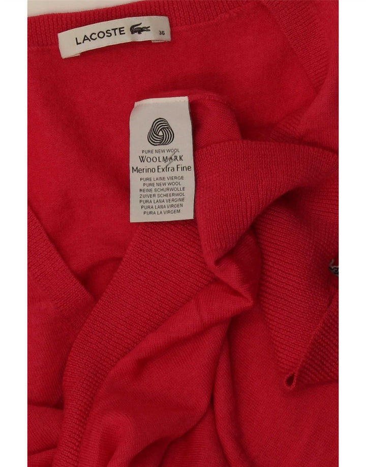 Lacoste Damski sweter z dekoltem w kształcie litery V, rozmiar 36, mała, czerwona wełna merynosów