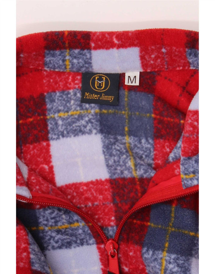 Vintage męski sweter polarowy z zamkiem błyskawicznym, poliester w czerwoną kratę