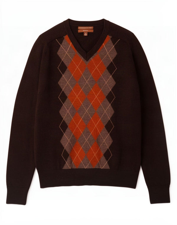 Męski sweter Merona z dekoltem w szpic, mały brązowy, wełna Argyle/diamentowa wełna merynosowa